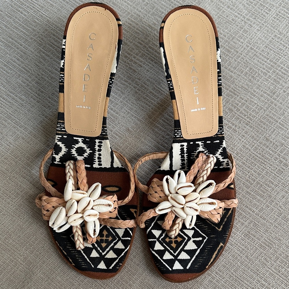 Casadei Brown Black White Patterned Slide Mules with Shell Flower